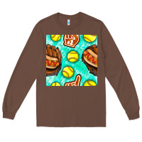 Chestnut softball glove and hotdog seamless pattern Long Sleeve Tee - BundleAndBundleShop