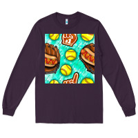 Plum softball glove and hotdog seamless pattern Long Sleeve Tee - BundleAndBundleShop