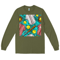 Army Green softball uniform glove and bat with field seamless pattern Long Sleeve Tee - BundleAndBundleShop