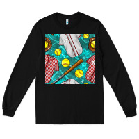 Black softball uniform glove and bat with field seamless pattern Long Sleeve Tee - BundleAndBundleShop