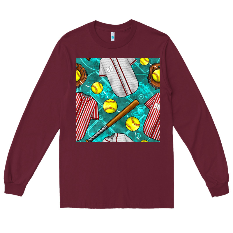 Softball Uniform Glove And Bat With Field Seamless Pattern Long Sleeve Tee by BundleAndBundleShop | Teevron