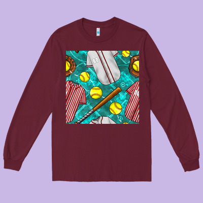 Softball Uniform Glove And Bat With Field Seamless Pattern Long Sleeve Tee Designed By Bundleandbundleshop
