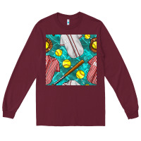 Burgundy softball uniform glove and bat with field seamless pattern Long Sleeve Tee - BundleAndBundleShop
