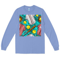 Colony Blue softball uniform glove and bat with field seamless pattern Long Sleeve Tee - BundleAndBundleShop