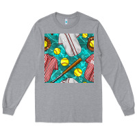 Heather Grey softball uniform glove and bat with field seamless pattern Long Sleeve Tee - BundleAndBundleShop