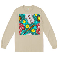 Mushroom softball uniform glove and bat with field seamless pattern Long Sleeve Tee - BundleAndBundleShop