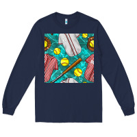 Navy softball uniform glove and bat with field seamless pattern Long Sleeve Tee - BundleAndBundleShop