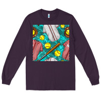 Plum softball uniform glove and bat with field seamless pattern Long Sleeve Tee - BundleAndBundleShop