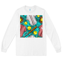 White softball uniform glove and bat with field seamless pattern Long Sleeve Tee - BundleAndBundleShop