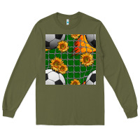 Army Green soccer balls and sunflowers with goal nets seamless pattern Long Sleeve Tee - BundleAndBundleShop
