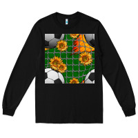Black soccer balls and sunflowers with goal nets seamless pattern Long Sleeve Tee - BundleAndBundleShop