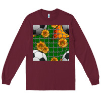 Burgundy soccer balls and sunflowers with goal nets seamless pattern Long Sleeve Tee - BundleAndBundleShop