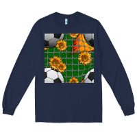 Navy soccer balls and sunflowers with goal nets seamless pattern Long Sleeve Tee - BundleAndBundleShop