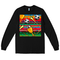 Black soccer winner cup and vuvuzela with serape seamless pattern Long Sleeve Tee - BundleAndBundleShop