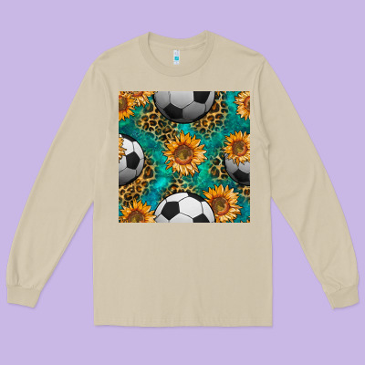 Soccer Balls And Sunflowers With Leopard And Gemstone Seamless Pattern Long Sleeve Tee Designed By Bundleandbundleshop