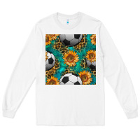 White soccer balls and sunflowers with leopard and gemstone seamless pattern Long Sleeve Tee - BundleAndBundleShop