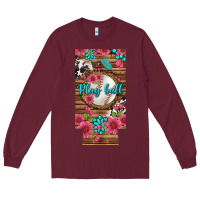 Burgundy Play Ball Baseball With Pink Flowers 12 Oz Slim Can Cooler Long Sleeve Tee - BundleAndBundleShop