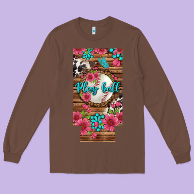 Play Ball Baseball With Pink Flowers 12 Oz Slim Can Cooler Long Sleeve Tee Designed By Bundleandbundleshop
