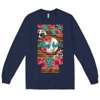 Navy Play Ball Baseball With Pink Flowers 12 Oz Slim Can Cooler Long Sleeve Tee - BundleAndBundleShop