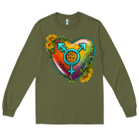 Army Green Lgbtq Heart With Sunflower Long Sleeve Tee - BundleAndBundleShop