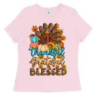 Bubblegum Pink thankful grateful blessed turkey Ladies Tee - Artiststas