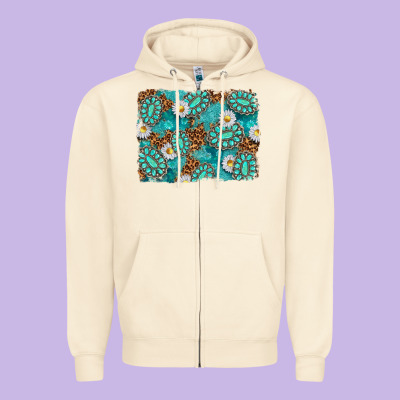 Leopard And Turquoise Gemstone Background Zipper Hoodie Designed By Texasbilliewilder