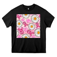 Black breast cancer awareness with daisy and heart seamless pattern Heavy Core Tee - BundleAndBundleShop