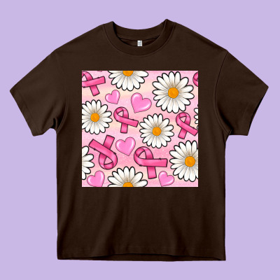 Breast Cancer Awareness With Daisy And Heart Seamless Pattern Heavy Core Tee Designed By Bundleandbundleshop