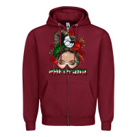Burgundy Mexicana messy bun Zipper Hoodie - NancyCooperArtShop