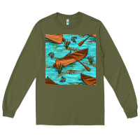Army Green Lake Canoe And Fish With Reeds And Leopard Seamless Pattern Bbs Long Sleeve Tee - BundleAndBundleShop
