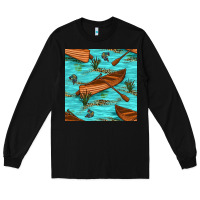 Black Lake Canoe And Fish With Reeds And Leopard Seamless Pattern Bbs Long Sleeve Tee - BundleAndBundleShop