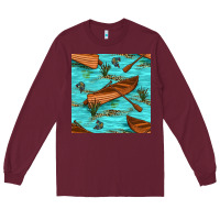 Burgundy Lake Canoe And Fish With Reeds And Leopard Seamless Pattern Bbs Long Sleeve Tee - BundleAndBundleShop