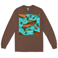 Chestnut Lake Canoe And Fish With Reeds And Leopard Seamless Pattern Bbs Long Sleeve Tee - BundleAndBundleShop