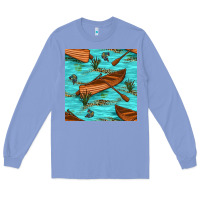 Colony Blue Lake Canoe And Fish With Reeds And Leopard Seamless Pattern Bbs Long Sleeve Tee - BundleAndBundleShop