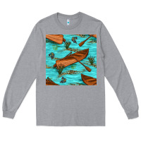 Heather Grey Lake Canoe And Fish With Reeds And Leopard Seamless Pattern Bbs Long Sleeve Tee - BundleAndBundleShop