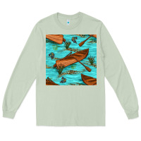 Matcha Lake Canoe And Fish With Reeds And Leopard Seamless Pattern Bbs Long Sleeve Tee - BundleAndBundleShop