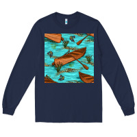 Navy Lake Canoe And Fish With Reeds And Leopard Seamless Pattern Bbs Long Sleeve Tee - BundleAndBundleShop