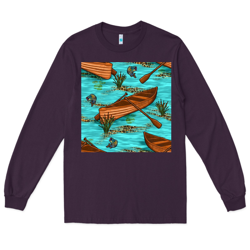 Lake Canoe And Fish With Reeds And Leopard Seamless Pattern Bbs Long Sleeve Tee by BundleAndBundleShop | Teevron