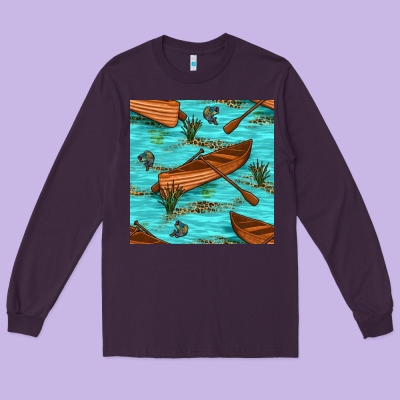 Lake Canoe And Fish With Reeds And Leopard Seamless Pattern Bbs Long Sleeve Tee Designed By Bundleandbundleshop