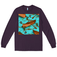 Plum Lake Canoe And Fish With Reeds And Leopard Seamless Pattern Bbs Long Sleeve Tee - BundleAndBundleShop
