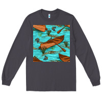 Smoke Lake Canoe And Fish With Reeds And Leopard Seamless Pattern Bbs Long Sleeve Tee - BundleAndBundleShop