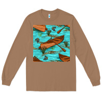 Toasted Coconut Lake Canoe And Fish With Reeds And Leopard Seamless Pattern Bbs Long Sleeve Tee - BundleAndBundleShop