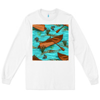 White Lake Canoe And Fish With Reeds And Leopard Seamless Pattern Bbs Long Sleeve Tee - BundleAndBundleShop