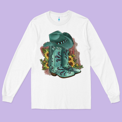 Turquoise Cowboy Boots Long Sleeve Tee Designed By Jahusdesignshop