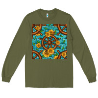 Army Green Lake Boat Rudder And Sunflowers Seamless Pattern Long Sleeve Tee - BundleAndBundleShop