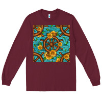 Burgundy Lake Boat Rudder And Sunflowers Seamless Pattern Long Sleeve Tee - BundleAndBundleShop