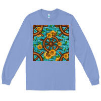 Colony Blue Lake Boat Rudder And Sunflowers Seamless Pattern Long Sleeve Tee - BundleAndBundleShop