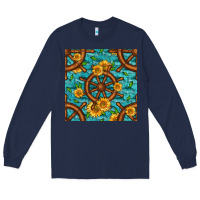 Navy Lake Boat Rudder And Sunflowers Seamless Pattern Long Sleeve Tee - BundleAndBundleShop