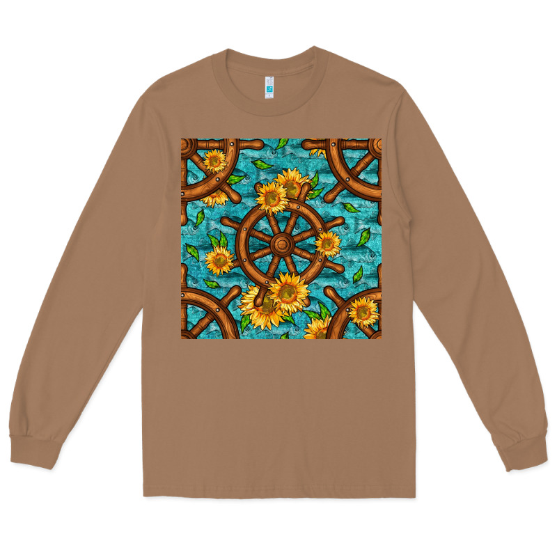 Lake Boat Rudder And Sunflowers Seamless Pattern Long Sleeve Tee by BundleAndBundleShop | Teevron
