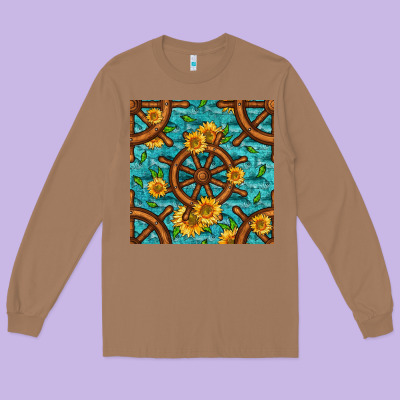 Lake Boat Rudder And Sunflowers Seamless Pattern Long Sleeve Tee Designed By Bundleandbundleshop
